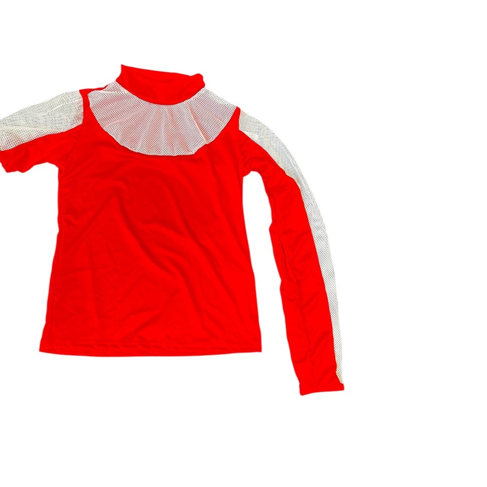 Red Asymmetrical Mesh One Long Sleeve Dance Costume Performance Top 32in Chest